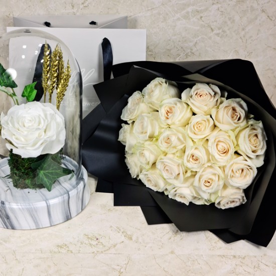 Preserved Rose And Hand Bouquet White