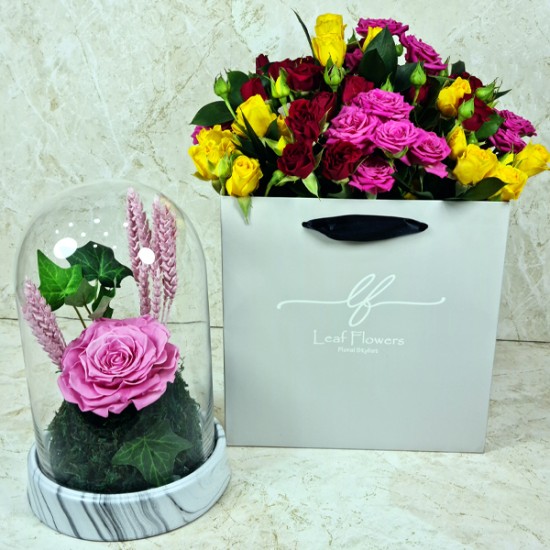 preserved rose pink with flower bag