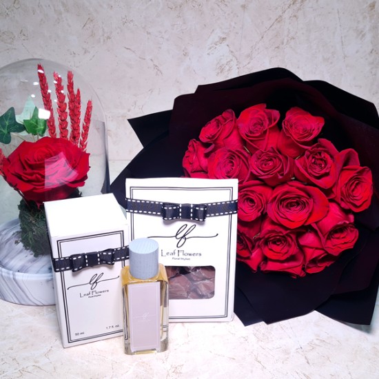 preserved rose, hand bouquet, perfume, chocolate.