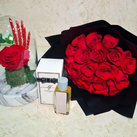 preserved rose Red With Hand Bouquet and perfume