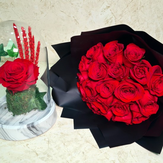 preserved rose red and hand bouquet red flowers